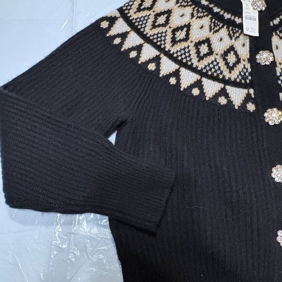J Crew Fair Isle Black White & Gold Button Down Jewelled Buttons Cardigan Sz S - Picture 2 of 6